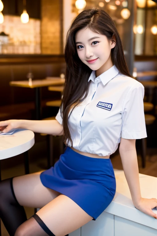 1womanl、(Super beautiful)、(beauitful face:2)、(A detailed face:1.5)、(A detailed eye:1.1)、(Detailed lips:1.1)、(Detail nose:1.1)、(Shot from the knee up:1.1)、(Denny's clerk in Japan)、(Denny's Uniforms:1.2)、(She lifts her skirt to reveal her white panties:1.2)、(Bare legs:1.5)、Brown hair、(Stand inside a Denny's store)、(At SFW:1.2)