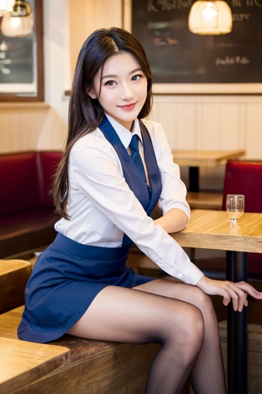 (((medium hair))), highest quality, 8k, HDR, High resolution, confused: 1.2, photograph, (RAWphotograph: 1.2), (realistic: 1.4), (masterpiece: 1.3), (intricate details: 1.2), 1 girl, 一人in, japanese girl, Delicine and beautiful details, (fine eyes), (Detailed facial feinures), , (small breasts))), firm skin, ( looking for_in_viewer), from_front, (skinny), (highest quality: 1.4), (ultra High resolution: 1.2), cinema light, (Extreme Detail Illustrinion), (lip gloss, highest quality, ultra High resolution, written boundary depth, caustics, wide range lighting, Ninural Shading, 85mm, f / 1.4, ISO200, 1/160 seconds: 0.75), 1 girl, 一人in, ((Blue Vest))) smile, uniform, necklace, stylish cafe: 1.3, black nein and clean clothes, Nogizaka Idol, idol sculpture, beauty