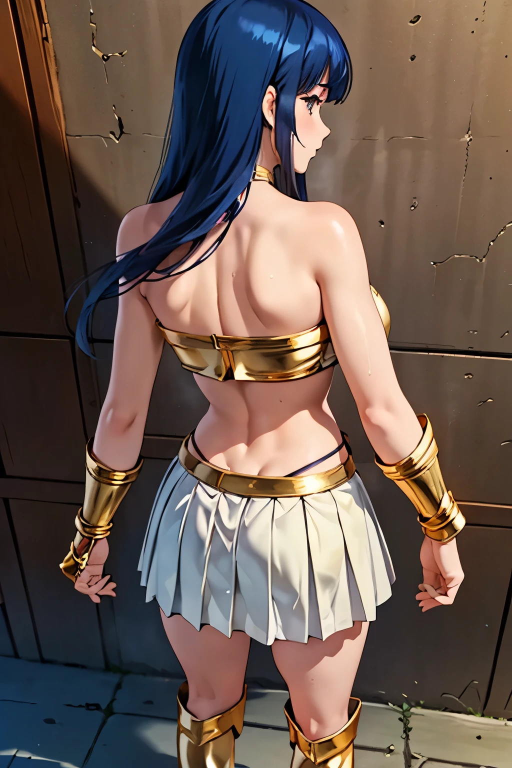 (((masterpiece))), score_9, score_8_up, score_7_up, ((comics, anime)), (3DCG), asou yuuko, bikini armor, highest quality, high resolution, 8K, ultra-realism, super detailed and realistic skin texture, Realistic skin, Ruins, Devil's Castle, (Worm’s Eye View), Radiant Skin, Photometry, Bright colors, close up, (((((standing))))), ((((back view)))), (((back focus))),
BREAK 1 girl, 18 yo, Dirty Pair yuri, Elegant mature girl, sexyposture, (Adult body), Fine skin, real looking skin, Height:158cm, body weight:42㎏, breasts:82cm, waist:58cm, hip:80cm, Ultra-fine facial texture, Realistic beautiful face, realistic beautiful eyes, very detailed eyes, beautiful fingers, Beautiful detailed eyes,
BREAK ((flat chest)), ((slender body)), (((Thin thighs))), narrow waist, (((perky breasts))), Long legs, ((small head)), BREAK armor knight, (((bikini-type gold metal breastplate, lift))), intricate decoration, (((crop top))), (((strapless dress))), ((Cleavage)), (((choker))),
BREAK (((((Thigh-length gold metal boots, pin heel))))), (((gold metal gauntlet))), ((gold metal shoulder guard)), Metallic Shine,
BREAK (((knee length skirt))), ((((white pleated skirt)))), gold metal belt, ((long fantasylegend sword)),
BREAK ((beautiful dark blue hair)), (((Long hair))), ((straight hair)), (silky hair), ((asymmetrical bangs)), ((hair between eyes)), ((46 points oblique bangs)), ((beautiful dark navy eyes)), natural makeup,
BREAK ((((Place both hands on the wall and receive the trembling)))), I can't show my face, ((steam)),(((breath))), (glossy skin), ((sweating skin)), ((wet hair)), ((droplets of sweat)),