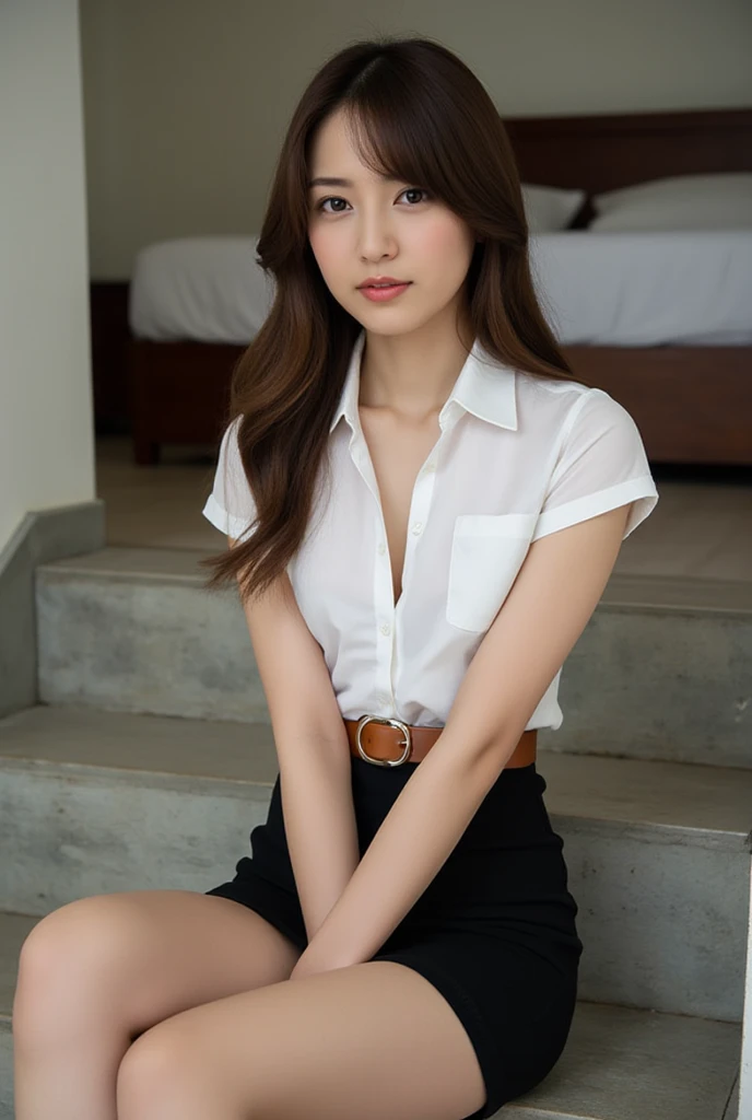 a 30 year old woman, a beautiful face of an actress, perfect proportions of a woman's body, tight formal shirt is worn, woman's crotch without panties is naked and exposed, vagina, woman's pubic hair, sitting on the sofa in living room, nsfw, best quality, highly detailed, masterpiece, ultra high res, photo realistic, 8k, japanese