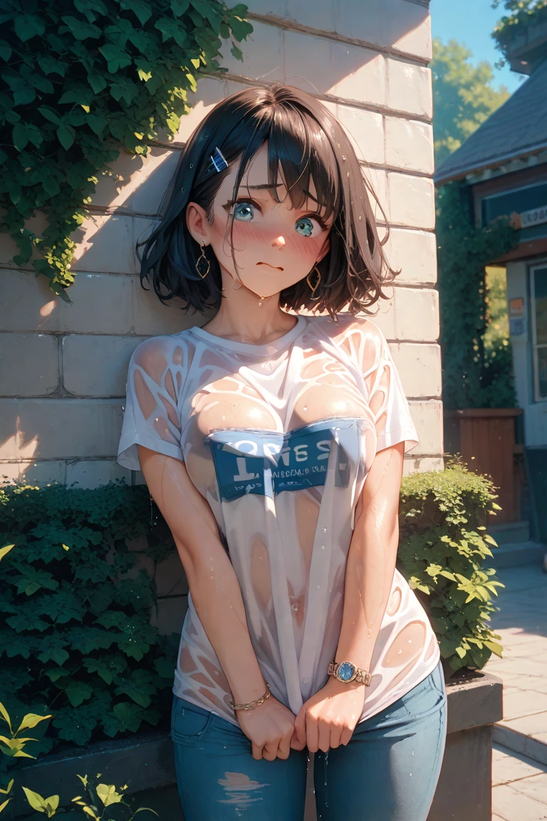 Realistic, One girl, Black Hair, blue eyes, White rough chest tank top、Shorts , masterpiece, blush, ponytail、Showing her breasts、Side are visible、Light clothing、Soaking wet
