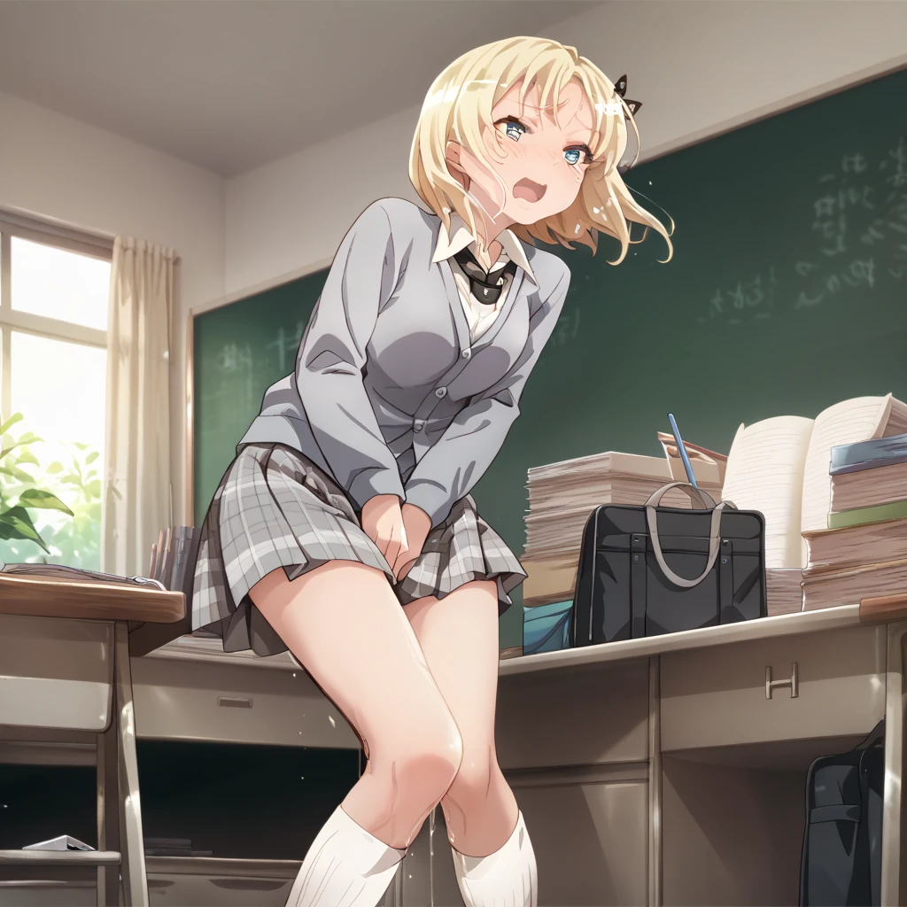 ((1 girl:1.5))、(smile:1.5)、(blush)、shirt、blouse、((fun!!))、chiralism、(small breasts)、(blonde)、(single braid)、(eye highlights:1.3)、Blake Black Footwear,(黒いskirt)、bow, button, 襟の付いたshirt, long sleeve,  ((red bow tie, , black jacket, open jacket, (white cardigan:1.5), 白のshirt, 黒のskirt, チェック柄のskirt、white socks)),, shirtを,, skirt, socks, thighs, 白い shirt, Rest indoors, ((classroom:1.5))、 BREAK While watching the audience、(skirtを掴む:1.5)、 (perfect hands, perfect anatomy),cowboy shot、(skirt lift:1.3), (Pull Panties)、((shaved pussy:1.5))、(skirt that rolls up:1.3)、(Highly detailed labia fully exposed:1.5)、(Photo seen from below)、blue eyes