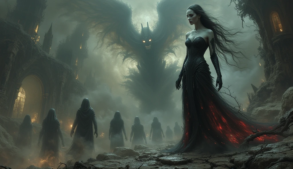 teenage evil witch with dark magic.  She has blonde hair and sky blue eyes. Thin black lips curled into a smile. She is wearing a black goth dress. She is attacking Harry Potter with her summoned demons. Lots of blood and gore.