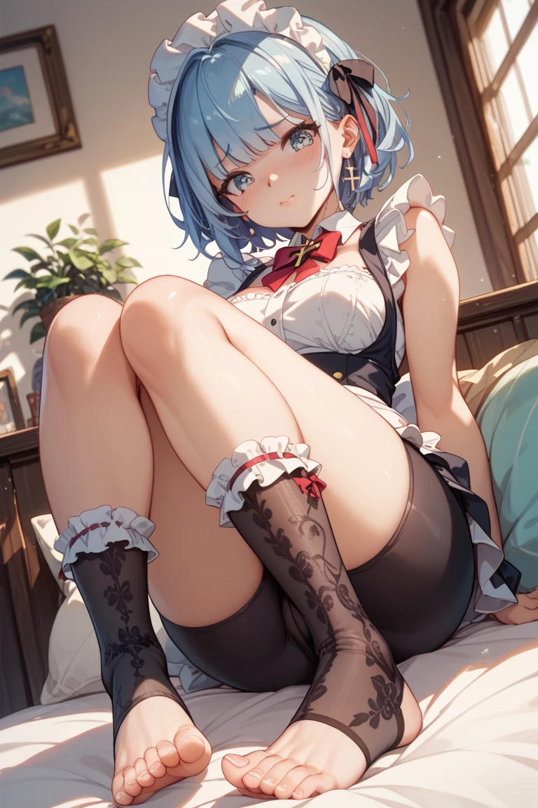 masterpiece,best quality,highres,ultra-detailed,aaryou,(mole under eye:0.7),short hair,bangs,hairclip,<lora:yamada_ryou:0.8>,corset top,garter belt,garter straps,choker,thighs,cameltoe,(embarrass:1.2),sitting,squatting,_open_legs,indoors,over-kneehighs,