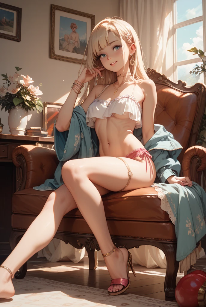 High resolution, masterpiece, look here, sitting with knees up on the floor, legs open, very realistic image of beautiful blonde hair, drawn by professional ukiyo-e, world of imagination, slim girl, nice legs , a well-fitting body, a sensual skirt, long eyelashes, delicate makeup that accentuates her gaze, a devilishness that sends shivers down your spine, her lips slightly parted, giving off a mysterious aura, and her eyes tilted upwards. 's eyes will tempt you,