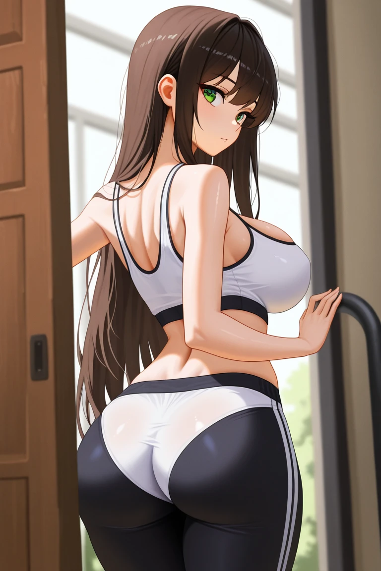 Koyomi Mizuhara, long hair, brunette female with bangs, eyes, glasses, medium size breasts, ass, slender figure, athletic build,  thicc plump ass, standing, back of view, changing room, undressed into underwear, trying out thong one piece