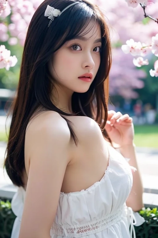 (logo、masterpiece、8K、table top、RAW photo、wonderful、最high quality、Photorealistic and very detailed CG integrated 8k wallpaper、high quality、very detailed、narrative poem、particle effects、dynamic effects、Depth of the bounds written、cinematic light、Lens flare、ray tracing)、fantasy、 (1 beautiful woman、dress、dress、cherry blossom pattern、black haired、beautiful face、real face、beautiful details eyes beautiful skin)、My hair dances in the wind、Hair flutters in Wind、hair jump、pink cherry tree、petals dance、SakuraFubuki、wonderful scenery、sunrise、sun on background、Wind、