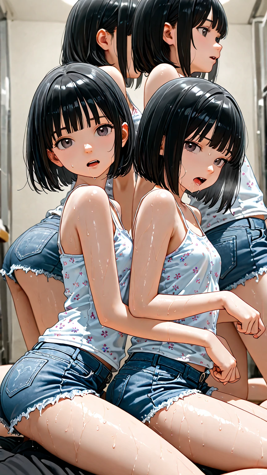 droopy eyes, realistic skin, ecstasy, ((Completely transparent) Casual all-over dress with floral print), underwear, spread legs, outside,