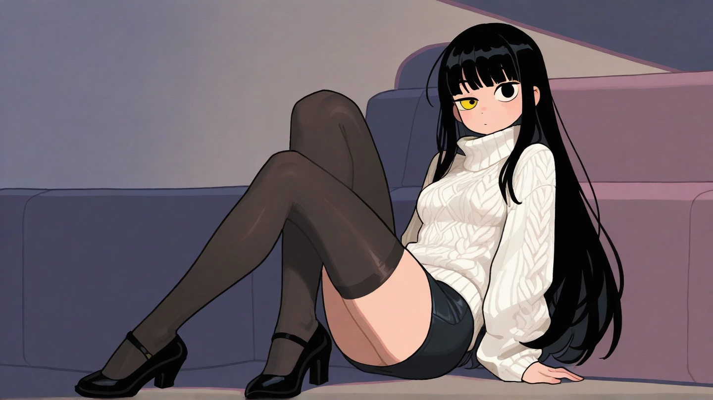looking at viewer, solo, YorForger,1girl,((huge belly)),((no panties)),((very drunk)),((black hair,red eyes,short hair with long locks, white hairband, off shoulder,red sweater, black pantyhose, boots, ((slumped)), ((on a sofa)),