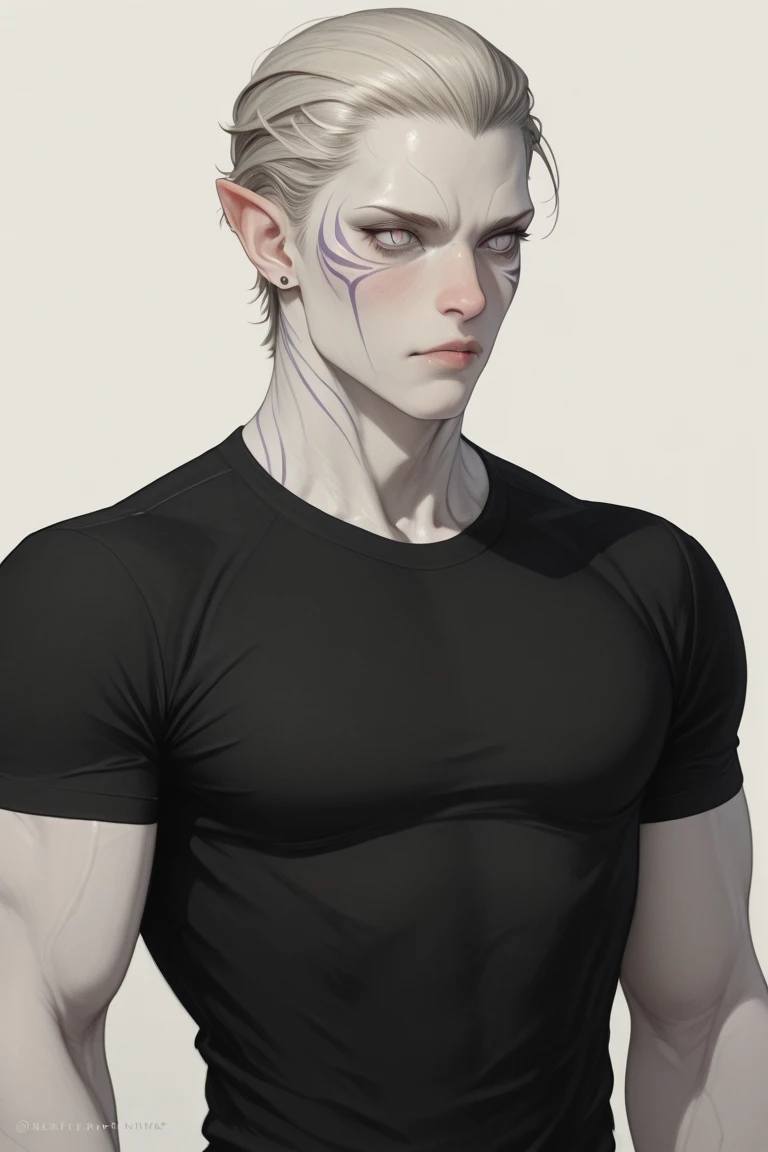 man, fiery red hair, dark skin, Orange eyes, Black Collet