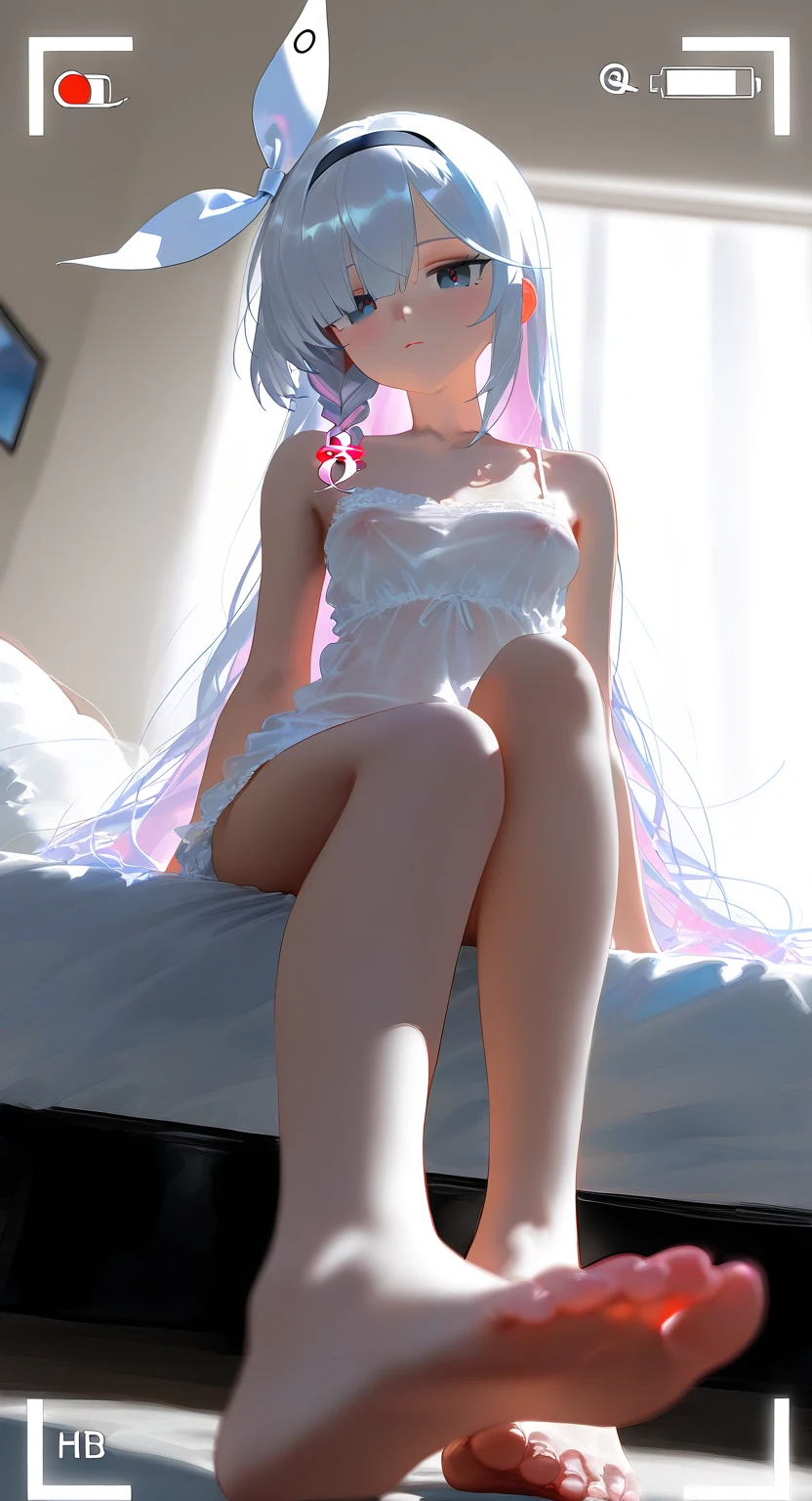 one-girl,Green eyes,high qulity,white skirt,inside bedroom,white color hair,white stockings --auto