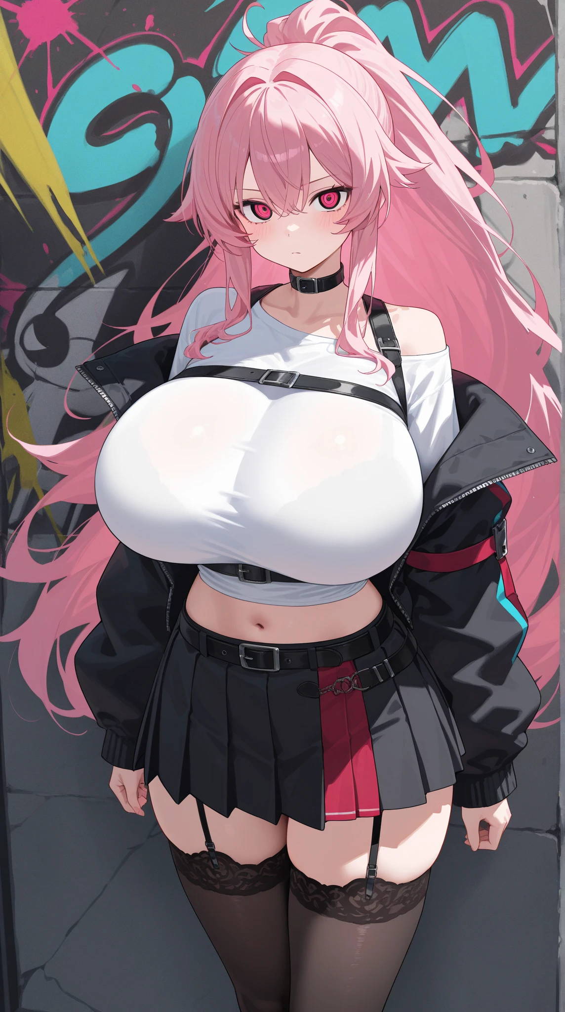 big cleavage, detailed, highres, sexy, wide hips, 1 girl, brown eyes, pink hair, long hair, dark skin, pink bear ears, long sleeves, sleeves past wrists, pink graphic tee, crop top, gyaru, lips, white nails, long nails, big eyes, city, crowd,