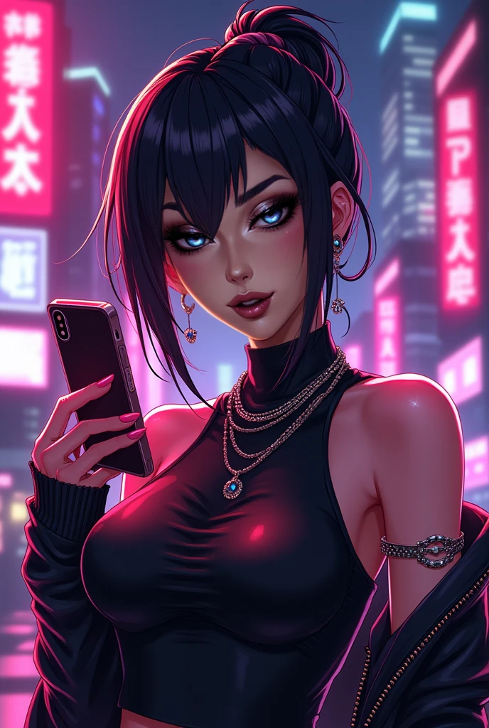 the character akali from league of legends happy holding her daggers, Tokyo cityscape at night with lots of cyber punk LED lights, and in the other hand she is holding an iPhone 13 Pro Max taking a selfie, ultra realisitic, with great quality, selfie photo size