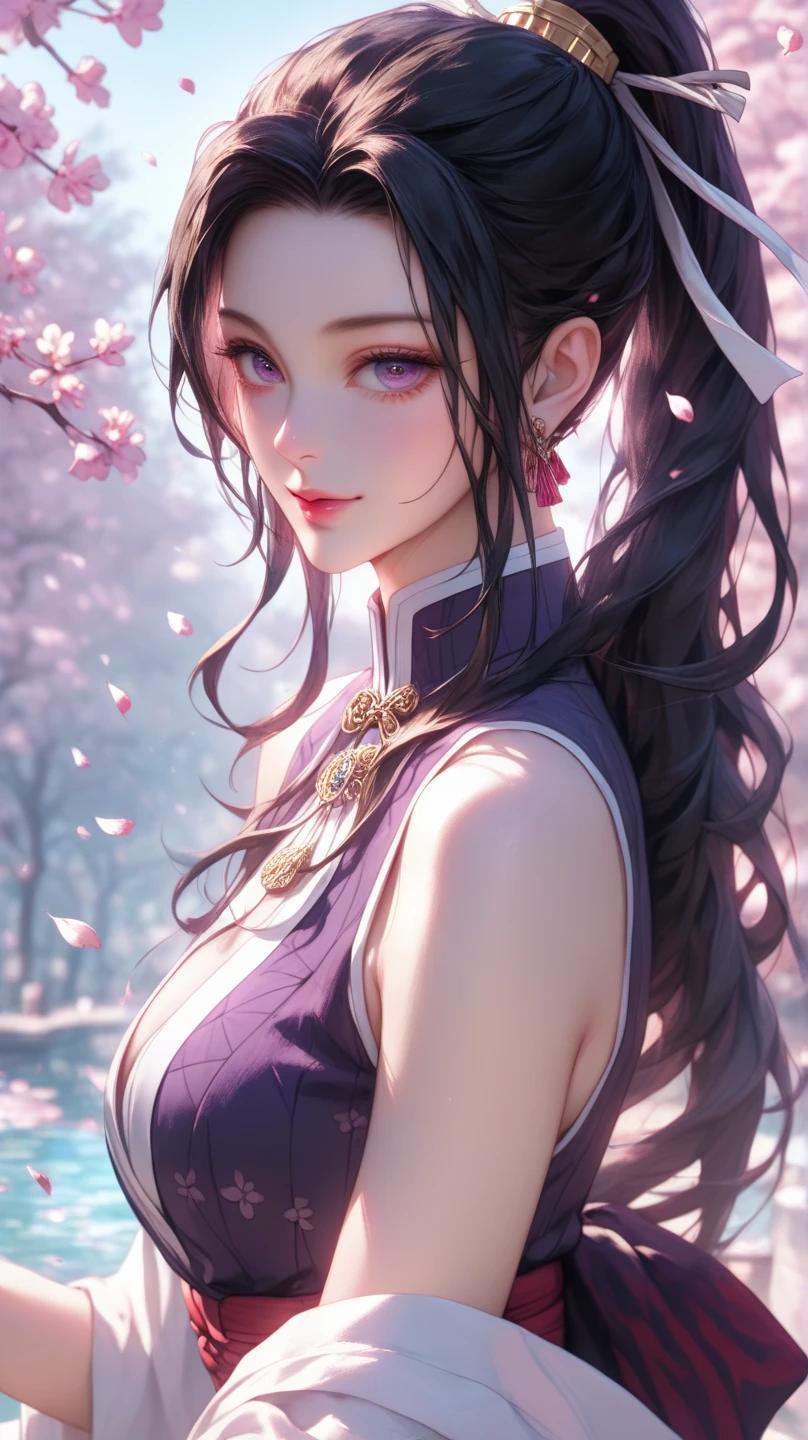 (Masterpiece, best quality:1.2), 1 girl, Hanfu Purple, （Dress conservatively：1.3）, Delicate and beautiful face, mature, smile, long black hair, purple eyes, sit, Long legs, Slender legs, (Slender legsยาว:1.2), Barefoot, (Ink stains) beautiful figure painting, Clothing ink style, traditional Chinese painting, Bismuth squid, from above, Masterpiece, Highly detailed