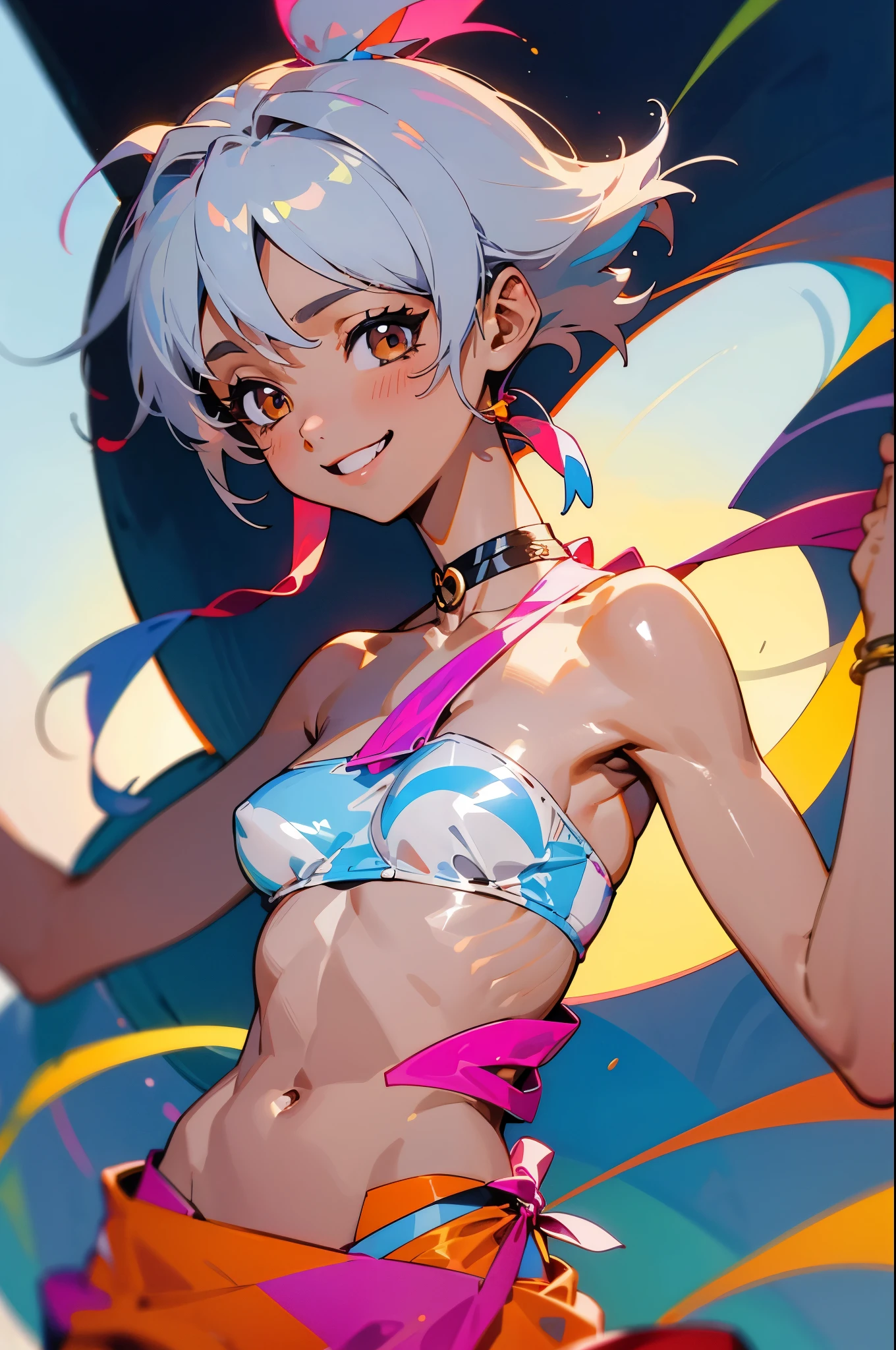 (Best Quality, hight resolution:1.2, Ultra-detailed),Short cut gray hair girl、She is 20 years old、brown skinned、Wearing a white bikini、slender muscular body、bare-legged、Colorful bracelets、Colorful anklets、fun look
