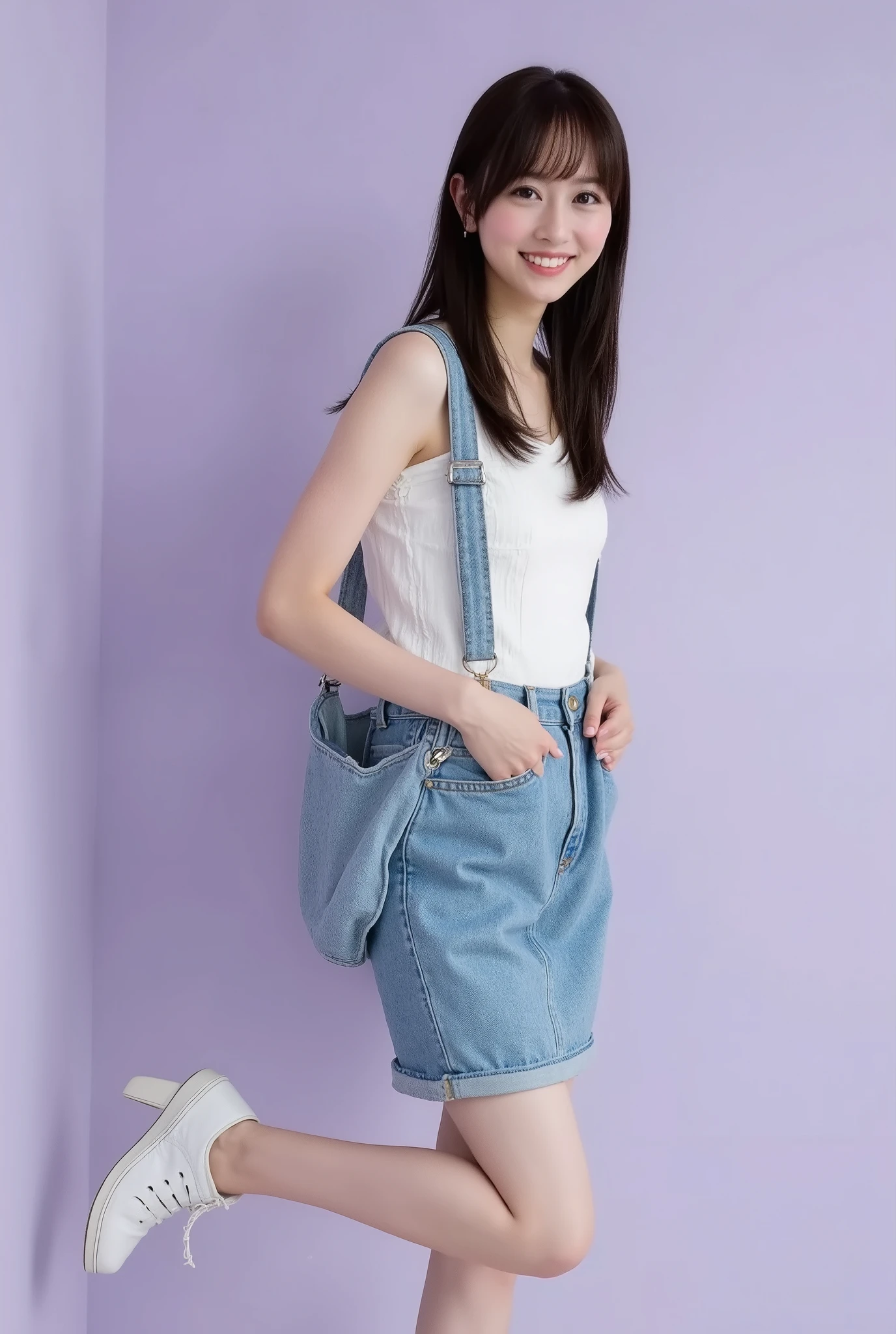 Create a realistic portrait of a beautiful Japanese idol girl in a cowboy shot. She has an elegant oval face, stunning eyes, and semi-long length black hair. Her physique is slim with a small chest and long legs. Dress her in fashionable spring attire against a simple, soothing pale violet background.