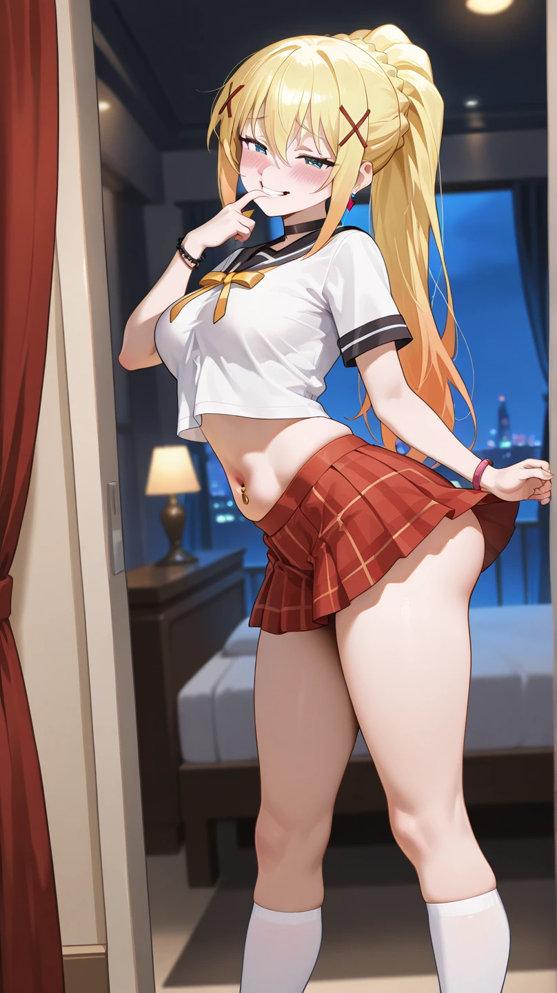 (red ribbon on hairband:1.2),masterpiece, best quality, highres, 1girl, solo, Blonde hair, RED eyes, High resolution, good lighting, , (No nudity), (nurse,white nurse uniform,white shirt:1.3),(open clothes:1.2),(ass out:1.2),(skirt pulled:1.2),(white thighhighs:1.1),, (turn around and look back), (((pointy_dss,from below))),, (((squatting:0.7))), (garter belt), abdomen only, (), , cute face,embarrassed and blush, humiliating, ((See-through))()(T-back)(a large amount of is on the body,)