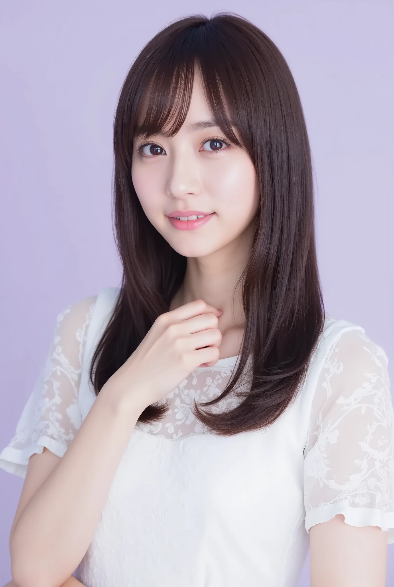 Create a realistic portrait of a beautiful Japanese idol girl in a cowboy shot. She has an elegant oval face, stunning eyes, and semi-long length black hair. Her physique is slim with a small chest and long legs. Dress her in fashionable spring attire against a simple, soothing pale violet background.