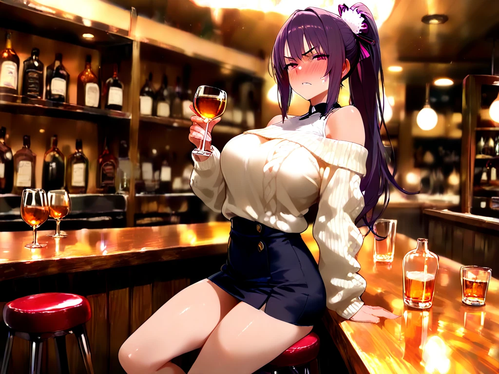 (best quality, 4K, high resolution, masterpiece:1.2, Extremely detailed),A plump woman,Looking at the camera sadly,Large Breasts,30 years old girl,独奏,black hair,long hair,blue eyes,(drunk,blush),sitting,drinking,((Mature sexy body)),Black stockings,Black tight skirt, Mature sexy body,holding mug,counter,pub,(Fashion bar) indoors, ((Cocktail Glass) Full of colorful wine), (dimly light room), Wine Bottle, Detailed background,Fluffy hair