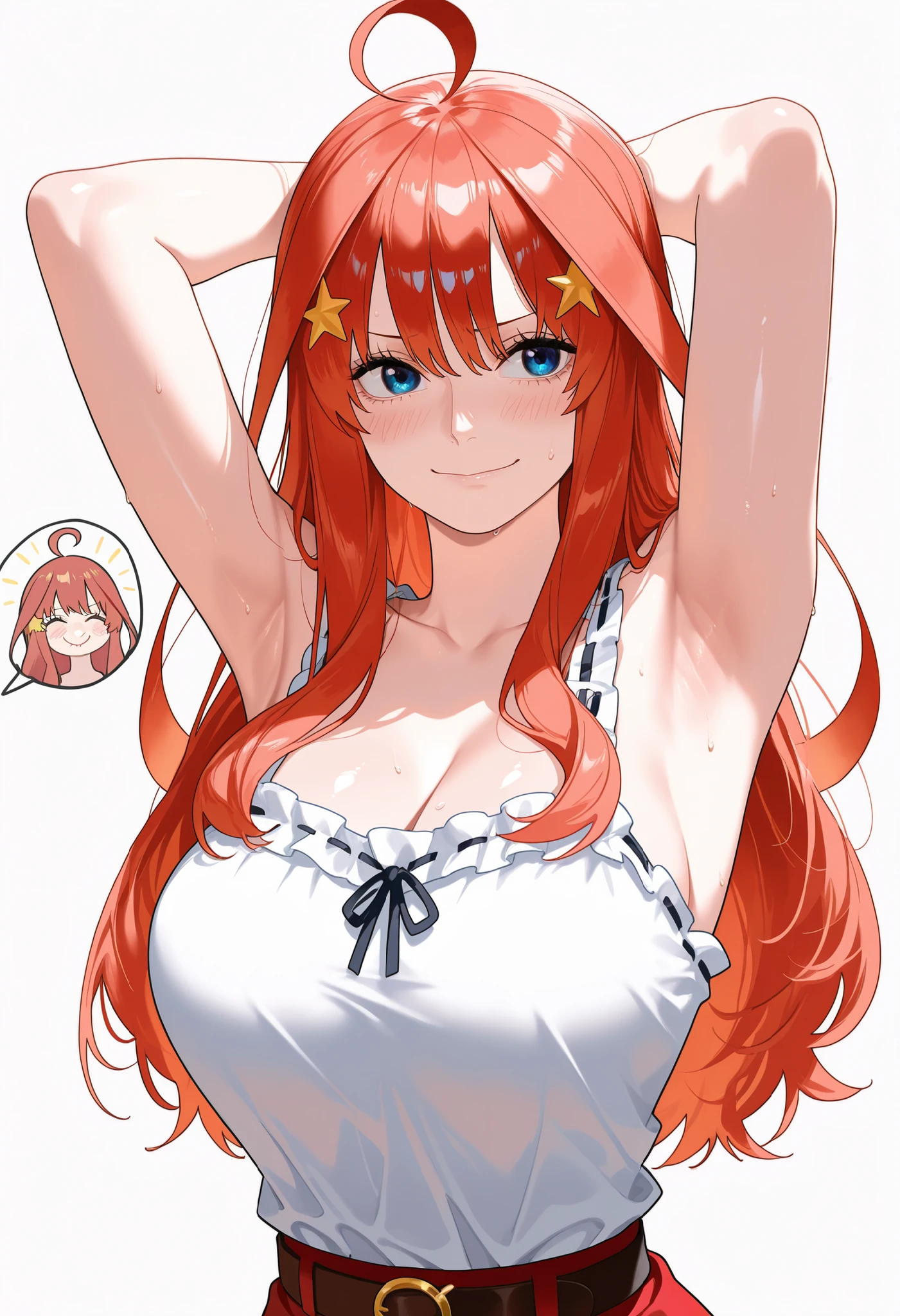 ((Highest quality))((High resolution))nakano itsuki, Red long hair, Star hair ornament, Ahoge, bikini, smile, Big Breasts, ((nude))