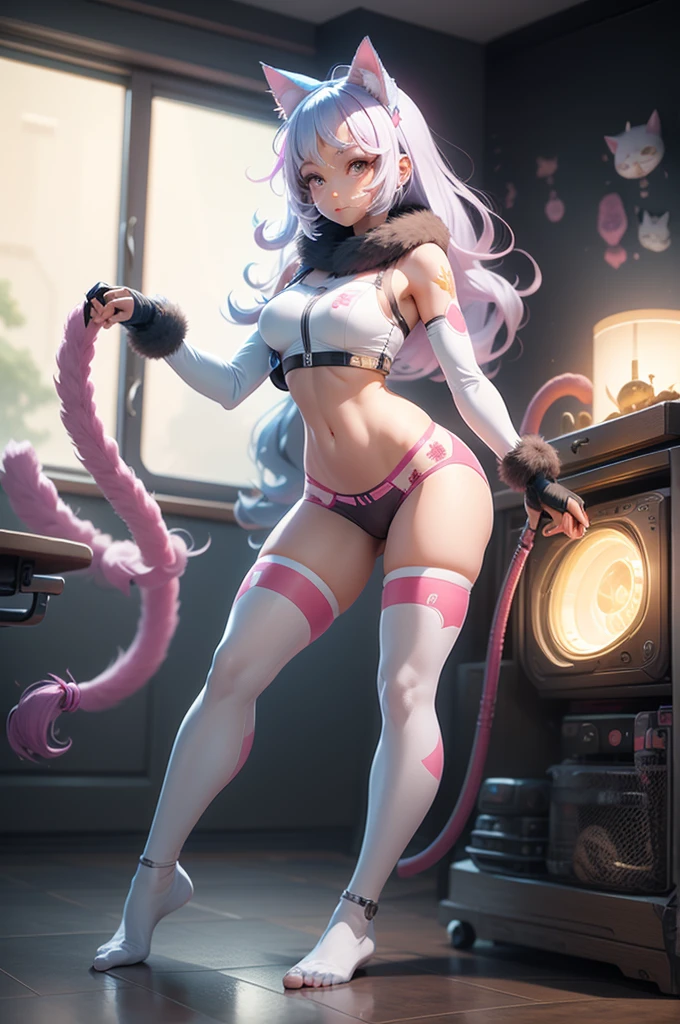 masterpiece,(bestquality),highlydetailed,ultra-detailed,playboy bunny, seductive pose, neon lights, (futuristic:1.2), high heels,Iceberg beauty, expressiveless,(pink and black:0.6), fishnet stockings, red lipstick, (smoky eyes:0.8), (cityscape:0.8), (nightlife:0.8), Hair rings, Half updo, 1girl, red eyes, long hair, hime_cut, {hair in takes}, medium breasts, white hair, silver_hair, (shiny:0.8), (glowing:0.8), (reflective:0.8), (cyberpunk:0.8), (powerful:0.8), (sexy:0.8).