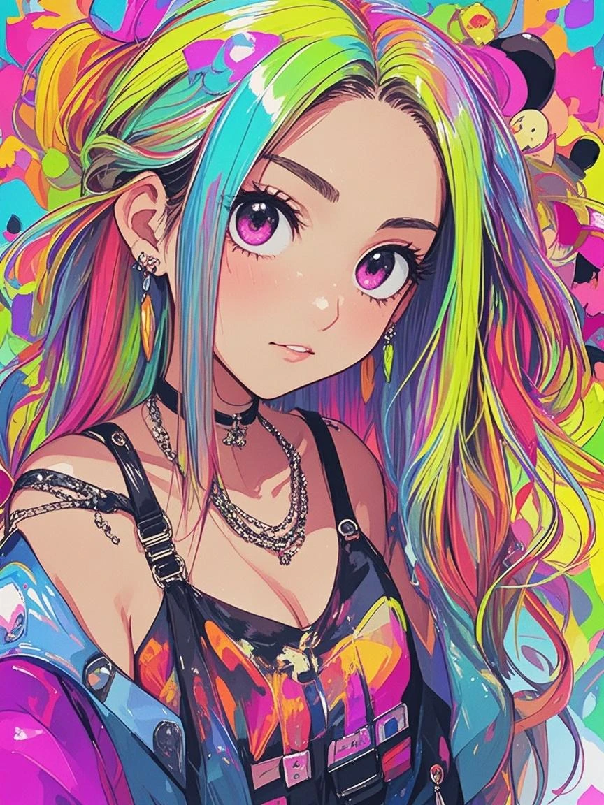 1 girl, realisitic, standing alone, Gothic ,shorth hair bagunçado com laterais longas, shorth hair, ombre, mascara, Farbe: spectrum, vivid Farbes, Rainbow hair , bright Rainbow hair, medium breasts, Inside the house , highy detailed, cute, ssmile, room, breasts big, ruffle trim