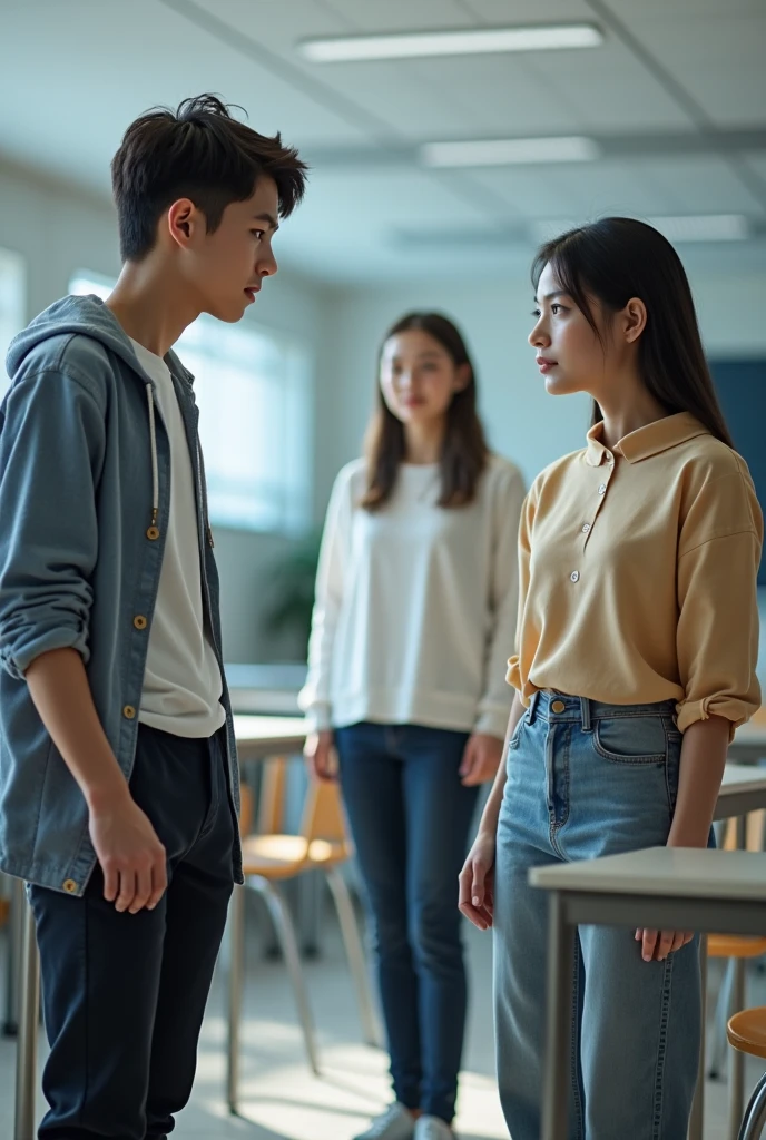 Creat a 18 boy try to talking with 4 peoples who standing Infront of his , the boy opening his hands and try to explain something, background is a normal road, 8k very ultra realistic