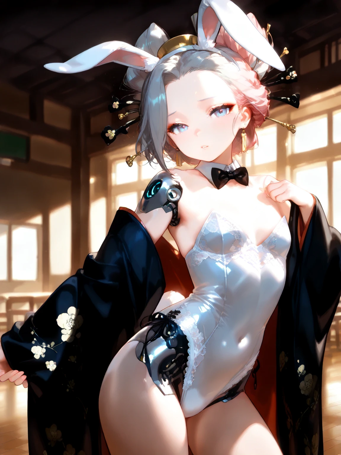 there is a woman in a bunny costume posing for a picture, Anime girl cosplay, Anime cosplay, Little white rabbit girl, ultrarealistic sweet bunny girl, rpgmaker,White rabbit ears,red color eyes,Redness of the eyeballs,Bigboobs,big breasts exposed cleavage,boobgasm