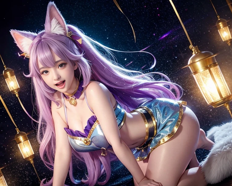 The upper part of the body、one girls、i have purple hair color、Two-tone、(Pink Highlight Hair、Curly hair，Fluffy fox ears、very Bigger breasts、Gorgeous Gowns、bath robe、off shoulders、Black bra(highlight pink lace)Holding a shining wand..、Shining magic circle、Countless glowing spheres float、Glowing soap bubbles、I&#39;m sitting on a big shining moon、shining chandelier