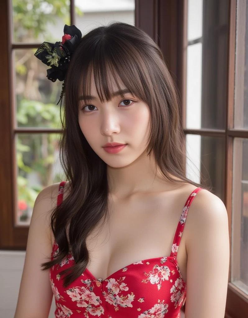 1girl,sexy pose,best quality,masterpiece,illustration,an extremely delicate and beautiful,CG,unity,8k wallpaper,Amazing,finely detail,masterpiece,official art,extremely detailed CG unity 8k wallpaper,incredibly absurdres,huge filesize,ultra-detailed,highres,extremely detailed,beautiful detailed girl,realistic,outdoors,light contrast,(florals_buzzer_dress:1.5),、Red lipstick、