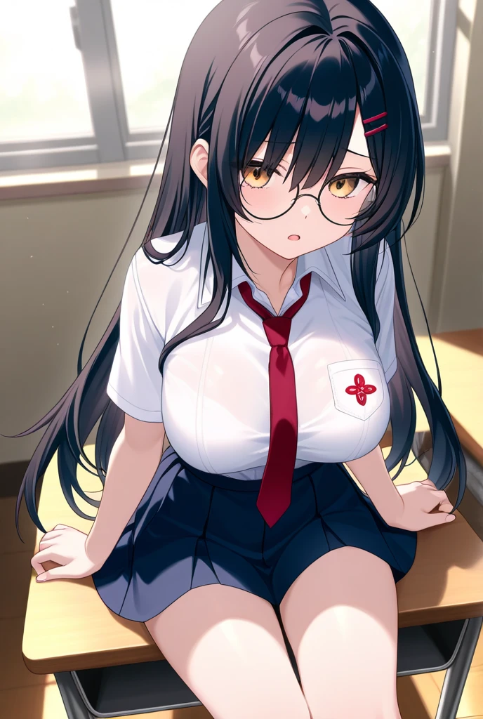 A keen girl, casual style,  sitting , student with glasses, long hair, Japanese high school student clothes, black jaket, casual style, ultra high Quality potrait, (huge breast:1.3)