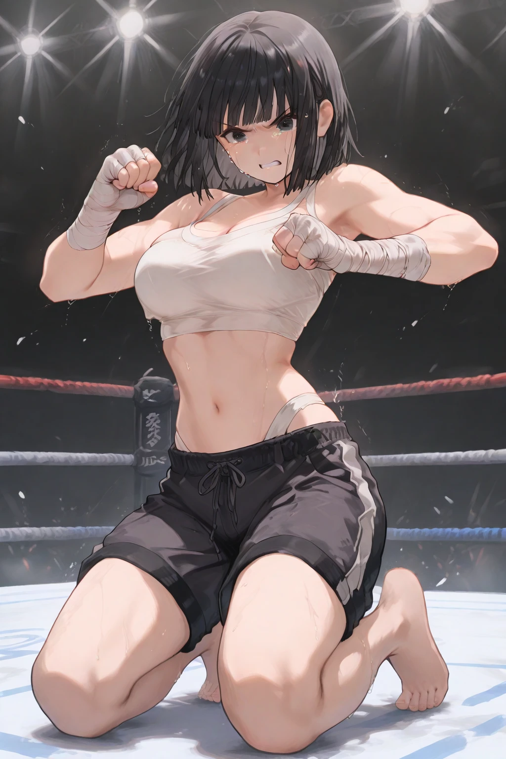 ((masterpiece,Highest quality:1.3,best quality illustration)),realistic,cowboy shot,独奏,1woman,18 year old beauty,black hair,long hair,bangs,black eyes,gorgeous big eyes,((very small head:1.3)),blush,((very long body:1.2,skinny)),medium breasts,White tube top shirt、navel、(Black pleated mini skirt),Brown leather fingerless gloves、sweat,in heat,gleaming skin,toned body,slender body、Martial arts stance,standing,Martial Arts Matches、amphitheater、