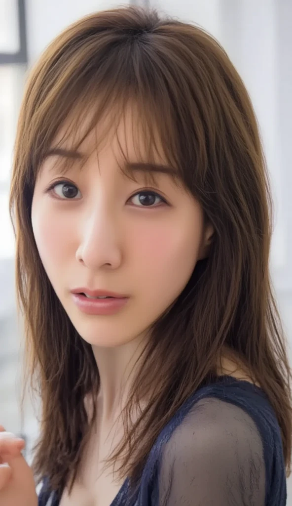  ((((The skin is white and smooth、Skin has a natural glow、Fine skin texture、Representing the fine details of pores:1.22))))、(((No blur、Focus on the eyes:1.1、Extremely detailed:1.22、Ultra-high resolution、masterpiece:1.45、Highest quality)))、顔のUltra-high resolutionクローズアップ、long, straight black hair、So that every single hair is clearly visible、The subtle color changes of hair depending on how the light hits it、Details of the light redness on the forehead and cheeks、Eyes with fine iris details、The eyes depict color gradations and patterns.、Long, natural-looking eyelashes, each and every one visible、Well-groomed eyebrows、眉毛のindivual々The hair is clearly visible、Light reflecting off into the eye、The light in the eyes creates small highlights、The nose is delicate、Fine detail on the nostrils、Lips are plump and naturally pink、Depicts the fine lines and soft curves of the lips、lips are shiny and、The gloss on your lips accentuates their shape.、(((Detailed depiction of lip texture、Particular attention to the depiction of light and shadow、Soft natural light gently illuminates the face from the front、A faint glow on the forehead、A slight shine on the nose、A slight glow on the cheeks、Shadows are cast softly along the contours of the face、Accentuate the sides of your cheekbones、Accentuate the sides of the jawline、Emphasize the sides of the nose、The gloss on her lips reflects the light faintly、Lips emphasize the plump texture、The shadow of the hair gives depth and dimension、indivual々The hair shines in the light、The background is simple and blurred.、Focus on the face 