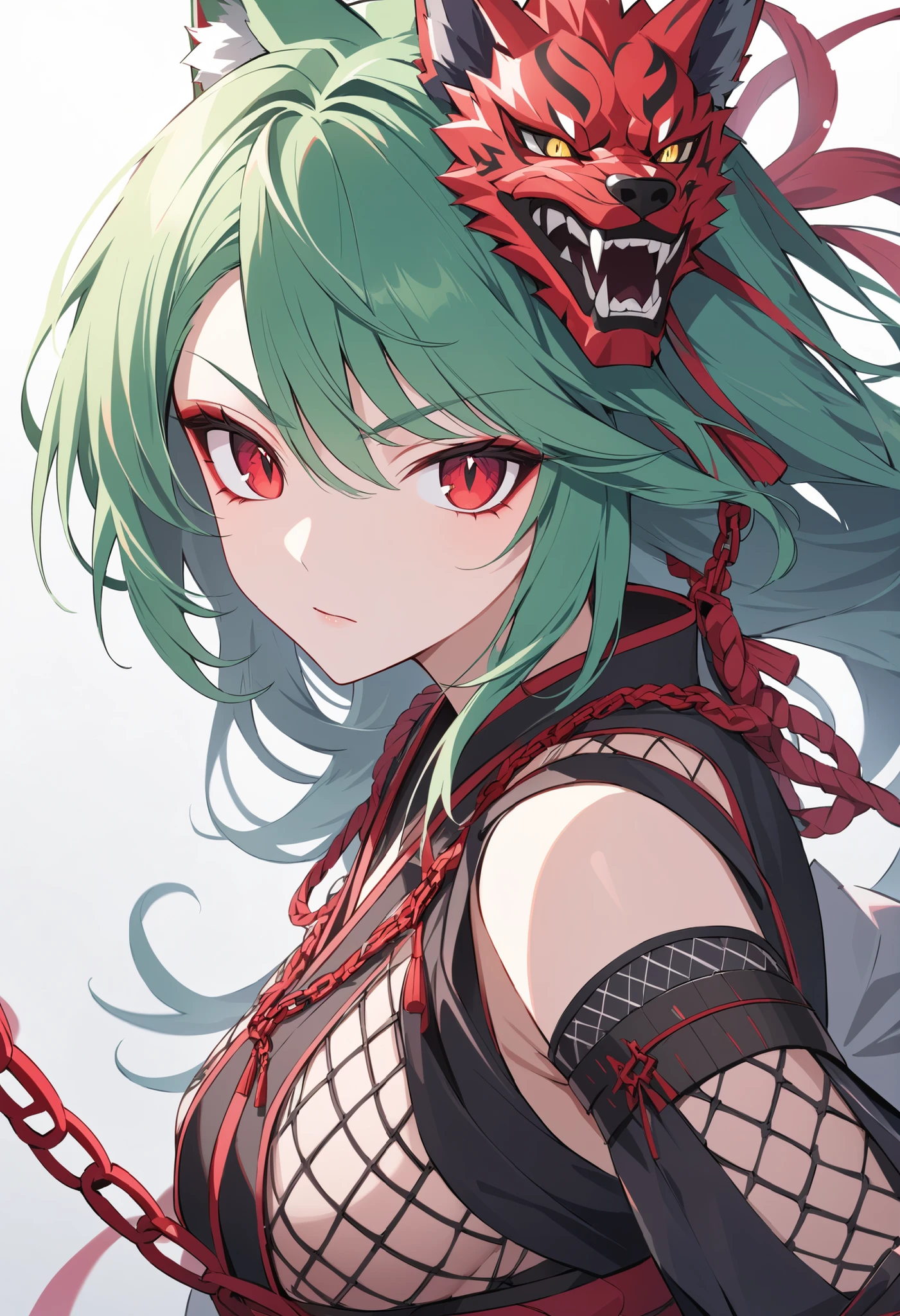 cartoon characters, Full Body, portrait, green wolf , I'm wearing a crimson chain, purple fishnet tights , Wear wooden clogs on your toes, clear red eyes give off an attractive glow, High Resolution Combative Adult Samurai,