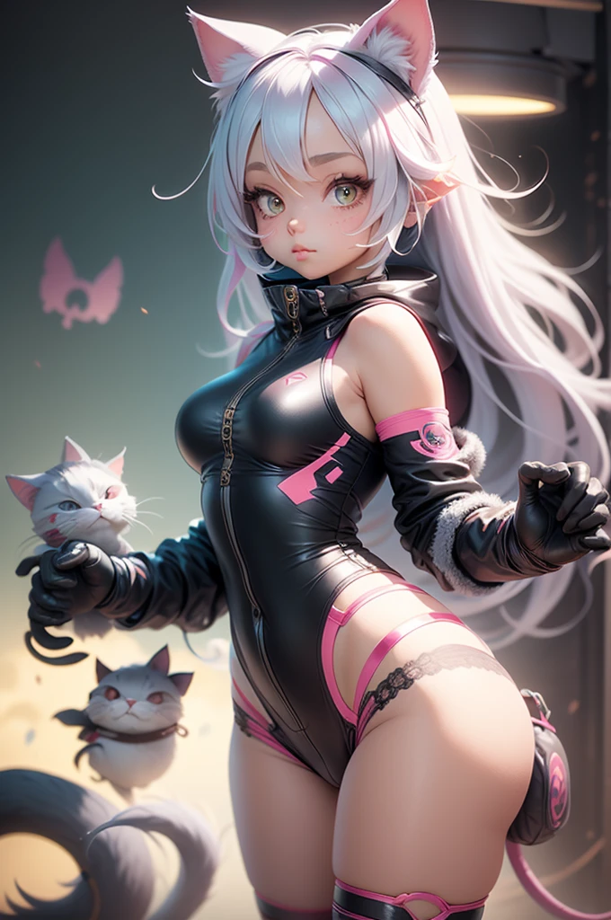 Silver hair, pink eyes, body, cat ears, woman, earrings, fantasy background, casual clothes, hair bows, happy face, pink clothes
