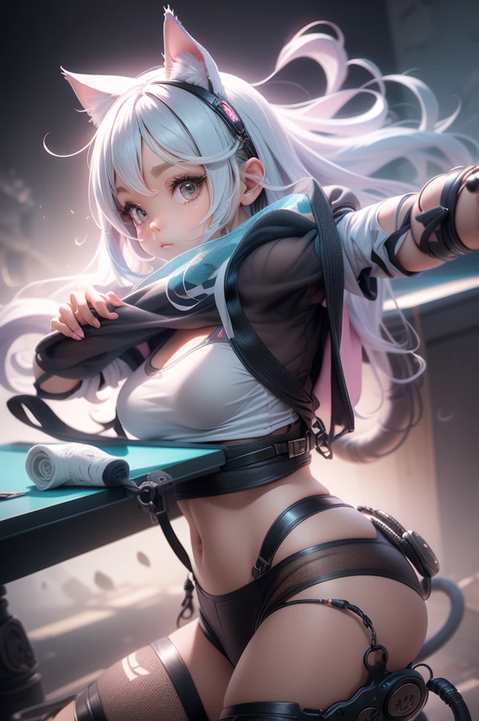 最high quality, Best image quality, masterpiece, With a girl ((Black tank top, Short denim shorts, 18-year-old, teenager, cute, Best Bust, Large Breasts, Beautiful glowing blue eyes, Wide Chest, Pink semi-long hair, Slender body, Large Breastsの谷間, With sniper rifle, Headphones, glowing back jet, Combat pose, photograph, Splash, ), high quality, Beautiful art, background ((Space Battlefield)) ), depth (Earth), Tabletop, depth of field, Cinematic