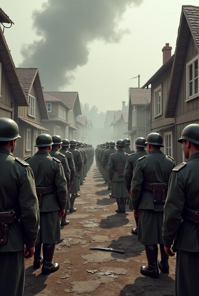 soldiers marching down a street in a city with a castle in the background, inspired by Otto Meyer-Amden, invading army background, by Artur Tarnowski, set in ww2 germany, by Oskar Lüthy, by Joop Sanders, by Karl Stauffer-Bern, inspired by Adolf Dietrich, inspired by Hans Hinterreiter