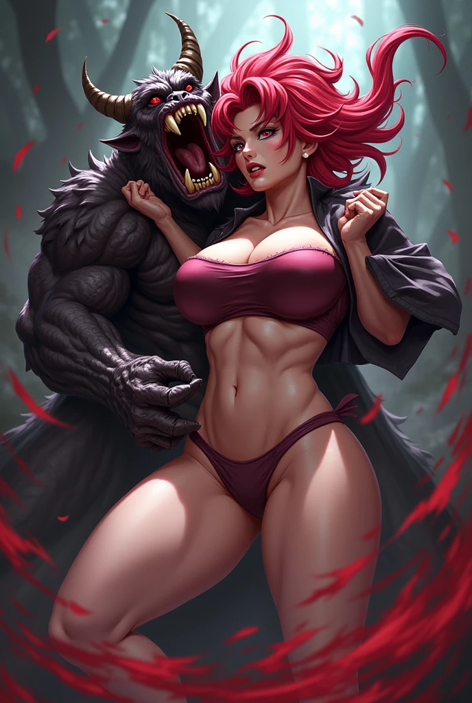furry biped muscular handsome black wolf white chest and abs pink nipples grey loincloh smile red eyes laying in bed hug human 
