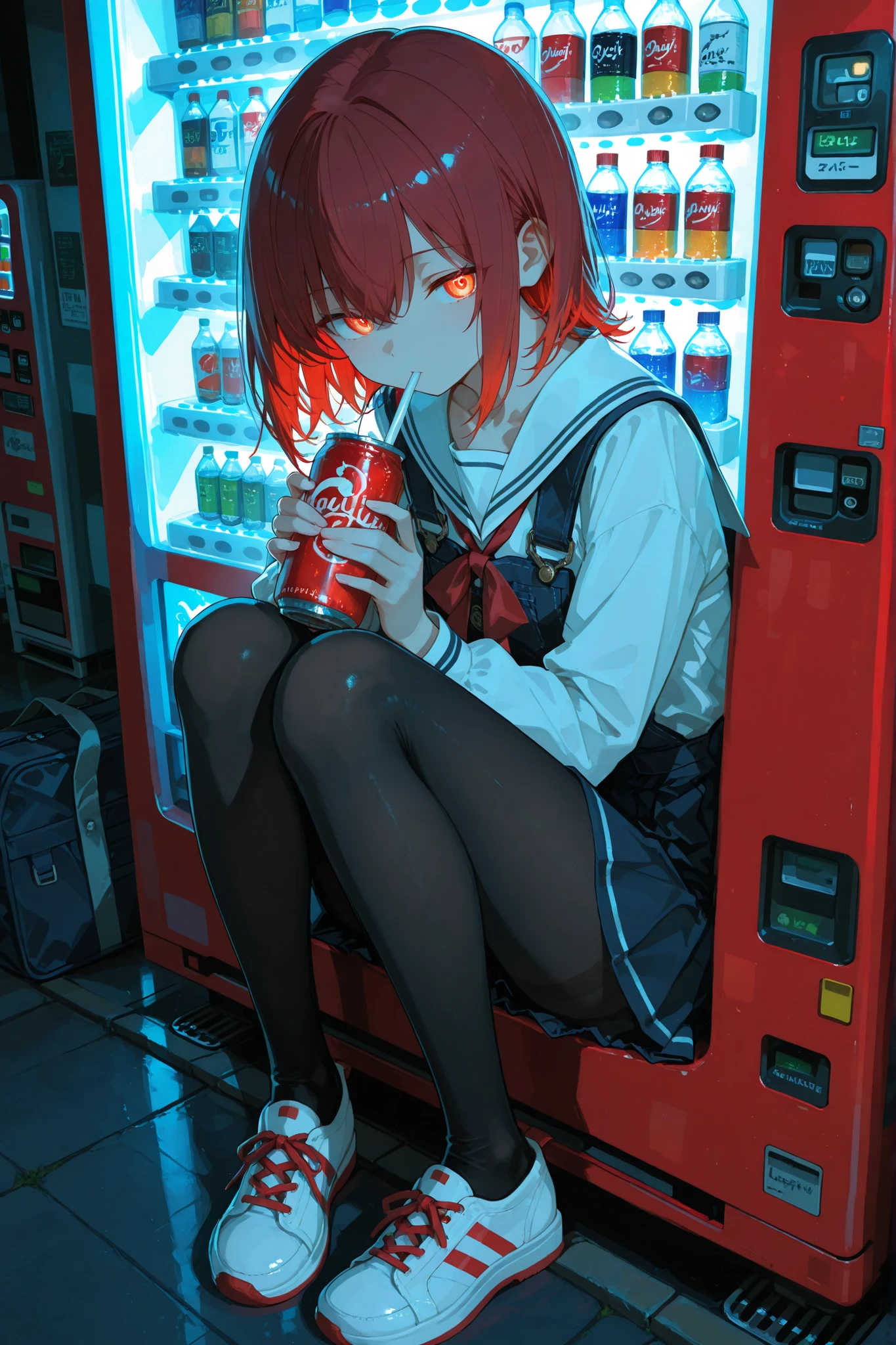 character with red hair sitting casually in front of the vending machine, drink canned drinks. quiet atmosphere , soft light illuminates, vending machine in the background. in the background Bottles filled with various drinks, ,Each vending machine has unique colors and brands that add vitality to the scene. The person looks young, Wear loose Japanese school uniforms,, black pantyhose, and oversized, stylish shoes,Decorated with visible shoelaces. A pair of school bags or bags are placed next to it, suggest traveling or going to school. The overall atmosphere is serene and introspective, ,People are immersed in the drink. Automatic sale The glowing text on the freighter spells out the colored light of the "Penguin Logistics" with artistic letters, adding a touch of fun to the surroundings. The subtle lighting effects around the character create a serene, Immersive atmosphere.BEST QUALITY、Masterpiece、anime style、BEST QUALITY、high resolution、4k