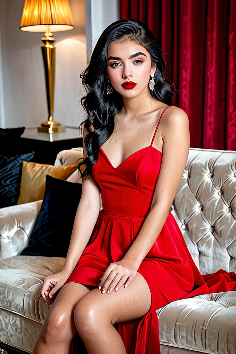 A stunning intricate full color portrait of a 20 year old woman,in a chic cocktail dress, luxurious drawing room with velvet drapes<lora:NightphotoV1-0:0.4>, HDR Foto,epic character composition,by ilya kuvshinov, alessio albi, nina masic,sharp focus, subsurface scattering, f2, 35mm, film grain <lora:AlexCoal:1>