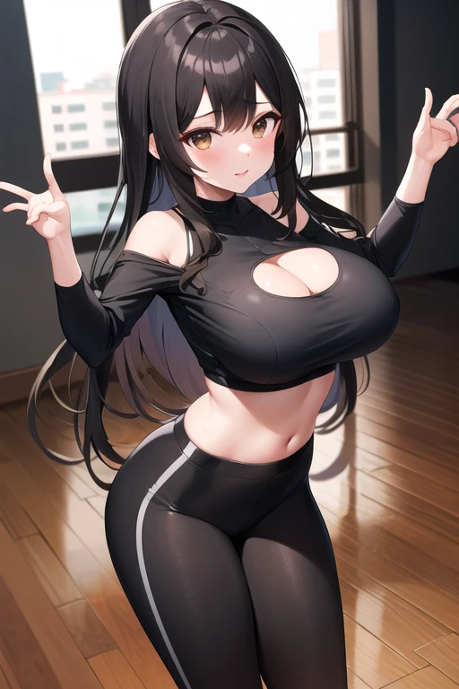 black hair, female, twin drills, solo, smol, pink eyes, massive breasts, very long hair, wear open cut black tight tank top and leggings, masterpiece, ultra high quality