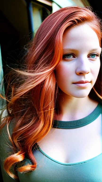 Half body photo of a cute 20 year old pretty redhead girl, redhead, ultra textured leather, or looks at the camera , full face (you look shy:1.3), freckles, detailed face, detailed skin, (ribbed crop top with cargo pants and chunky sneakers), beautiful body, Big round blue eyes, black eyeliner, sensual lips, Suggestive pose
