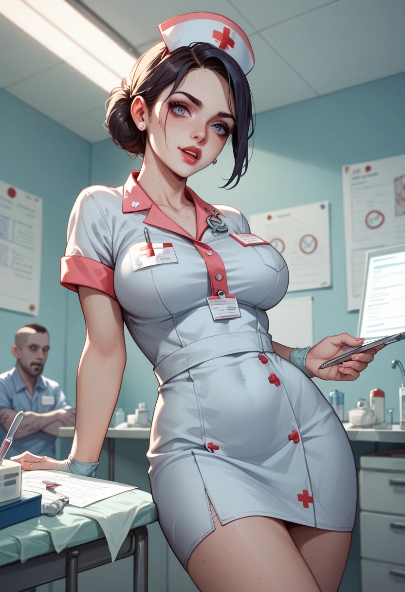 curie, short hair, black hair,  smile,  green eyes,   blush, 
hips, cameltoe,  cleavage, 
nurse attire, skimpy, 
 upper body,   standing, 
underground vault, clean, cyberpunk,    
(insanely detailed, masterpiece, best quality),  <lora:curie:0.8>