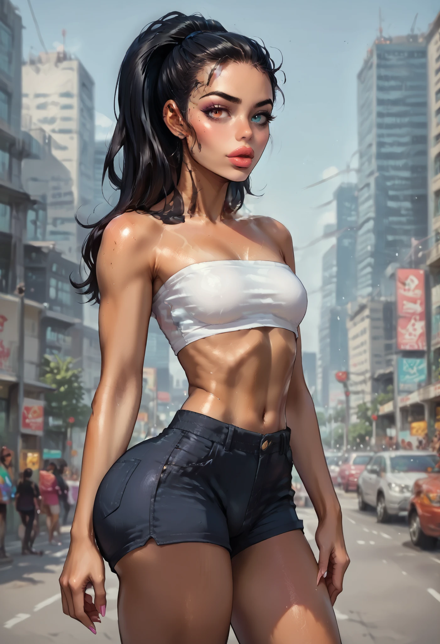 score_9, score_8_up, score_7_up, source_anime, full lips, golden tan skin, small white tube top, small chest, tight small shorts, toned, bubble butt, athletic, slim, famous girl, RainbowFoxPDXL, sunny day at city, CyberRealistic_Negative_PONY_V2, viola, ponytail hair, heterochromia eyes, left eye red, right eye blue, 1girl, solo, heterochromia, ponytail, black hair, bimbofusion artstyle