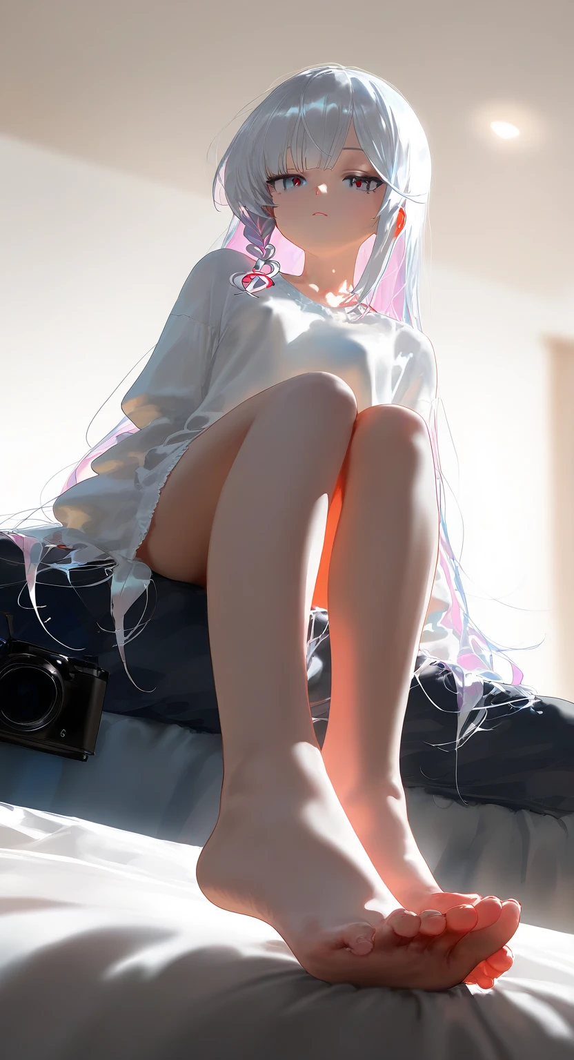 masterpiece, Highest quality, Very detailed, High resolution, An expensive solution, High resolution, 4K, 8K, ユニティ 8K 壁紙, Very detailed CG, masterpiece, Realistic, 2D, 3d, Beautiful details, depth, Fine texture, Highest quality: 1.3, Fully focused, Crispy.skin, .he, Very cute anime girl about 3 years old, Expensive silver short hair, girl around 4 years old, alone, one piece, blush, Mole, Release your lips, hair ornaments, heart, Purple eyes、Condom in mouth、A defiant smile、Lifting up your skirt in a dimly lit alley、クーラーの室外機の上にsit、Crotch close-up、Angle from below、I can see your underwear、Translucent slip、Spread your legs、Looking down from above、front、sit、Cotton panties