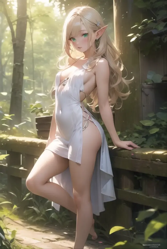 perfect face, (masterpiece, best quality, ultra-detailed, highres, 4k), (beautiful detailed eyes), (Realistic, Photorealistic: 1.37), Ultra Detailed, Soft Light, (1girl), Anatomically correct, ((beautiful girl)), (Long dark-blond hair), (ginger highlight), thin pearl ear piercings, ((green eyes)), blush, glossy lips, thin lips, half-open lips, realistic, freckles, thin pointed ears, elf, ((medieval dress)), small breast, small hips, bare legs, bare feet, forest background, navel, firm stomach