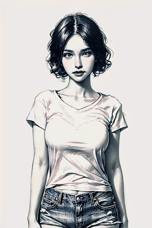 retrato,((bosquejo)), monocromo, escala de grises,((rubor)),1 chica,((tiro de vaquero)), ((boca cerrada)), cabello corto, camiseta blanca, Shorts de jean, pechos grandes , mirando al espectador, de pie, cuerpo completo, ((Fondo simple)),Fondo blanco,