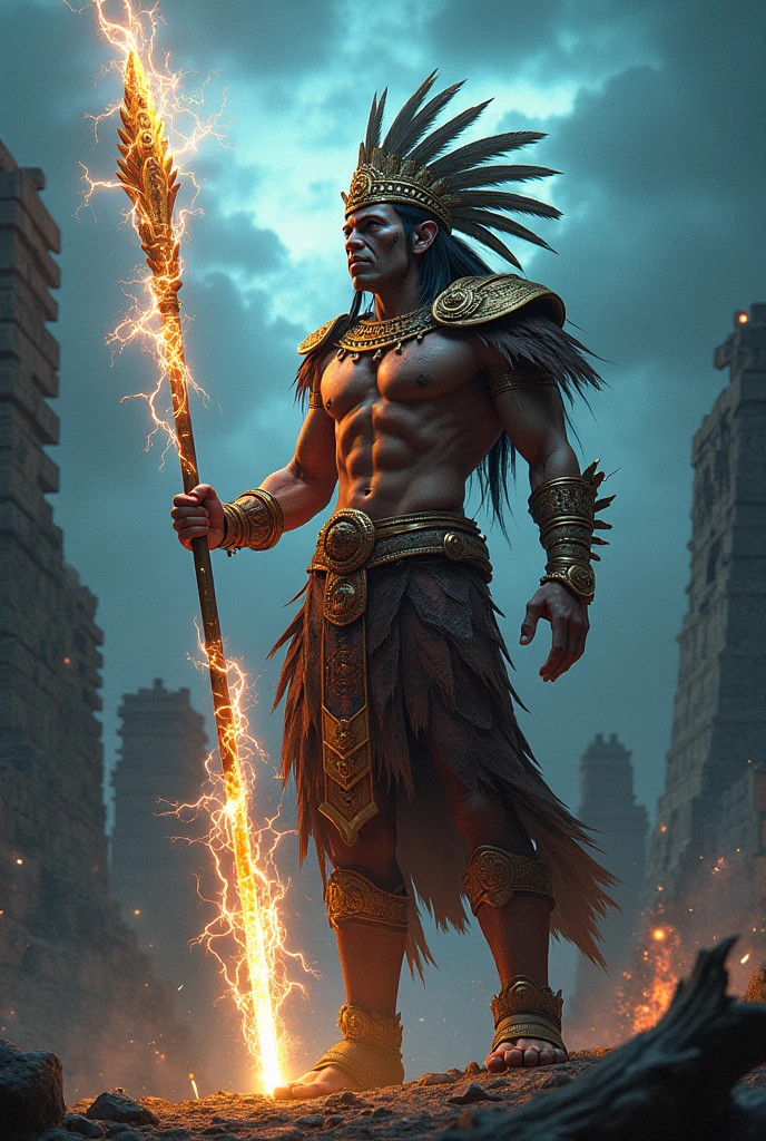 God Chaac, super muscular with an impressive plume of feathers and thunder