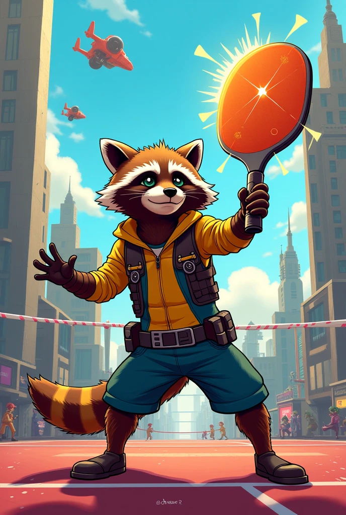 Rocket raccoon grabbing his bulge in a latex suit