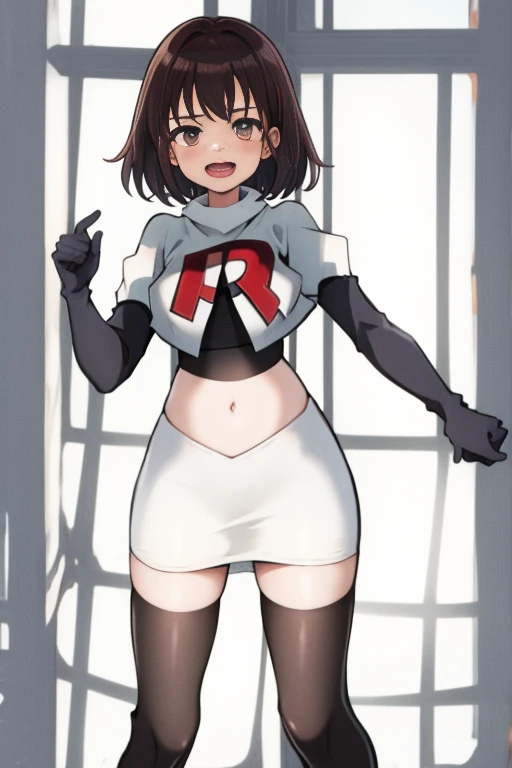 aamazaki, (antenna hair:1.2), blue eyes,medium breasts, team rocket,team rocket uniform,white skirt,red letter R,crop top,black thigh-highs,black elbow gloves,
beautiful, masterpiece, best quality, looking at viewer,